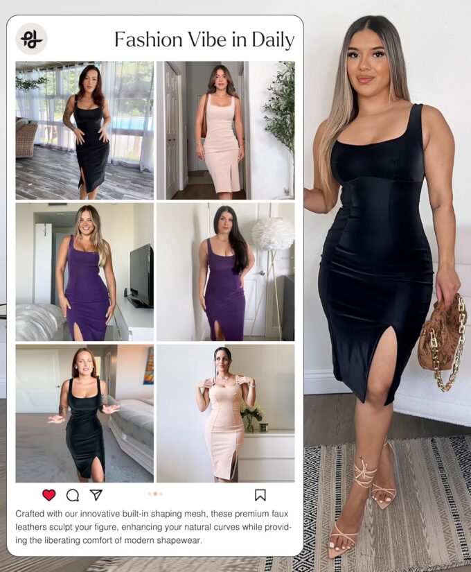 Popilush Leather Dress with Built in Shapewear Square Neck Slit Midi Dresses Faux Leather Concert Club Outfits – Bild 2
