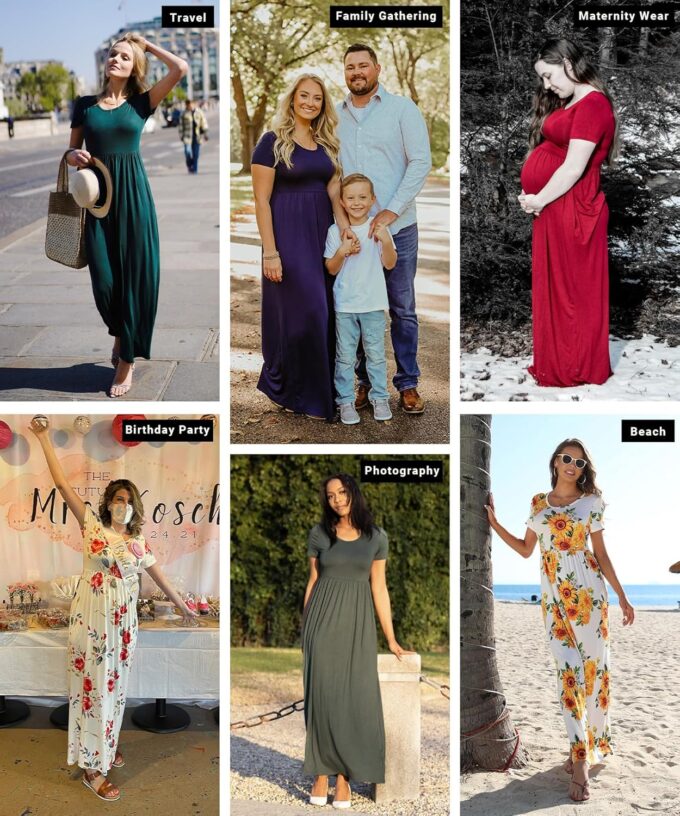 EUOVMY Women's Short Sleeve Loose Plain Maxi Dresses Casual Vacation Long Dresses with Pockets – Bild 3
