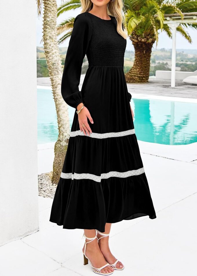 KIRUNDO Womens Smocked Long Sleeve Maxi Dress Wedding Guest Spring Fall Boho Tiered Lace Trim Flowy Long Dresses Pockets – Bild 6