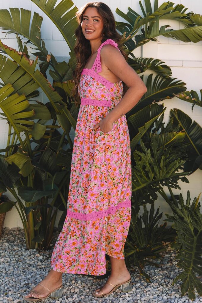 Womens Casual Dress Sleeveless Lace Tie Strap Square Neck Empire Waist A Line Maxi Dress for Spring Summer – Bild 4