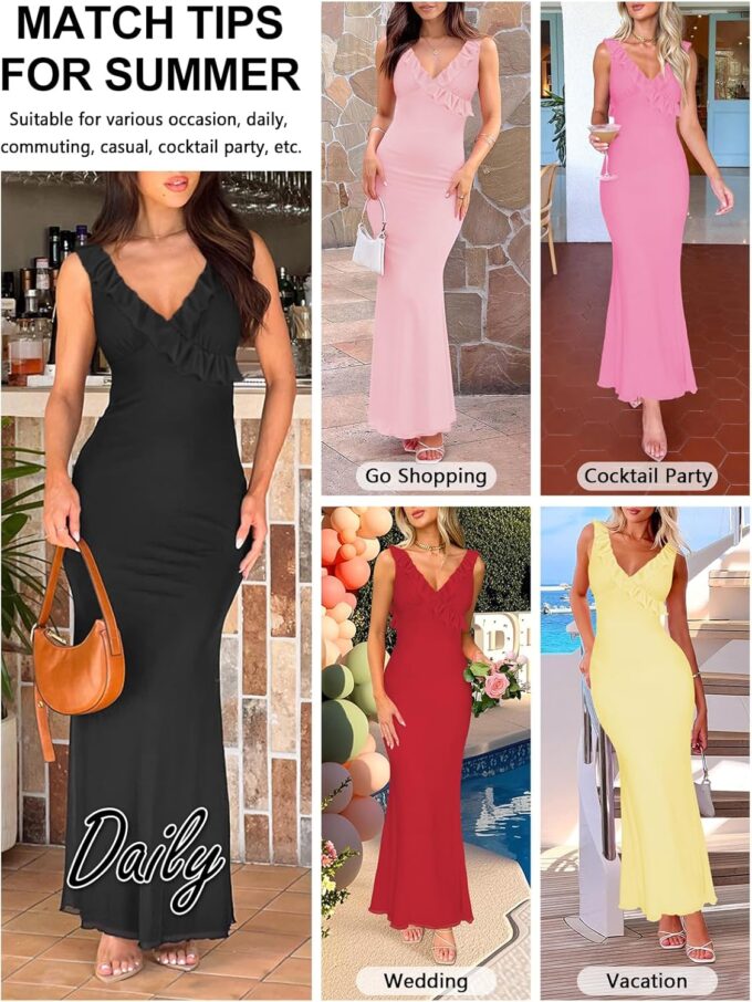 Women Sexy Sleeveless V-Neck Ruffle Backless Summer Dresses Long Formal Dress for Women Cocktail Party Prom Dress – Bild 6