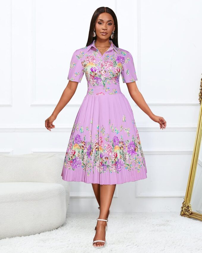 VERWIN Lapel Three-Quarter Sleeve Knee Length Pleated Floral Women's Sheath Dress – Bild 2