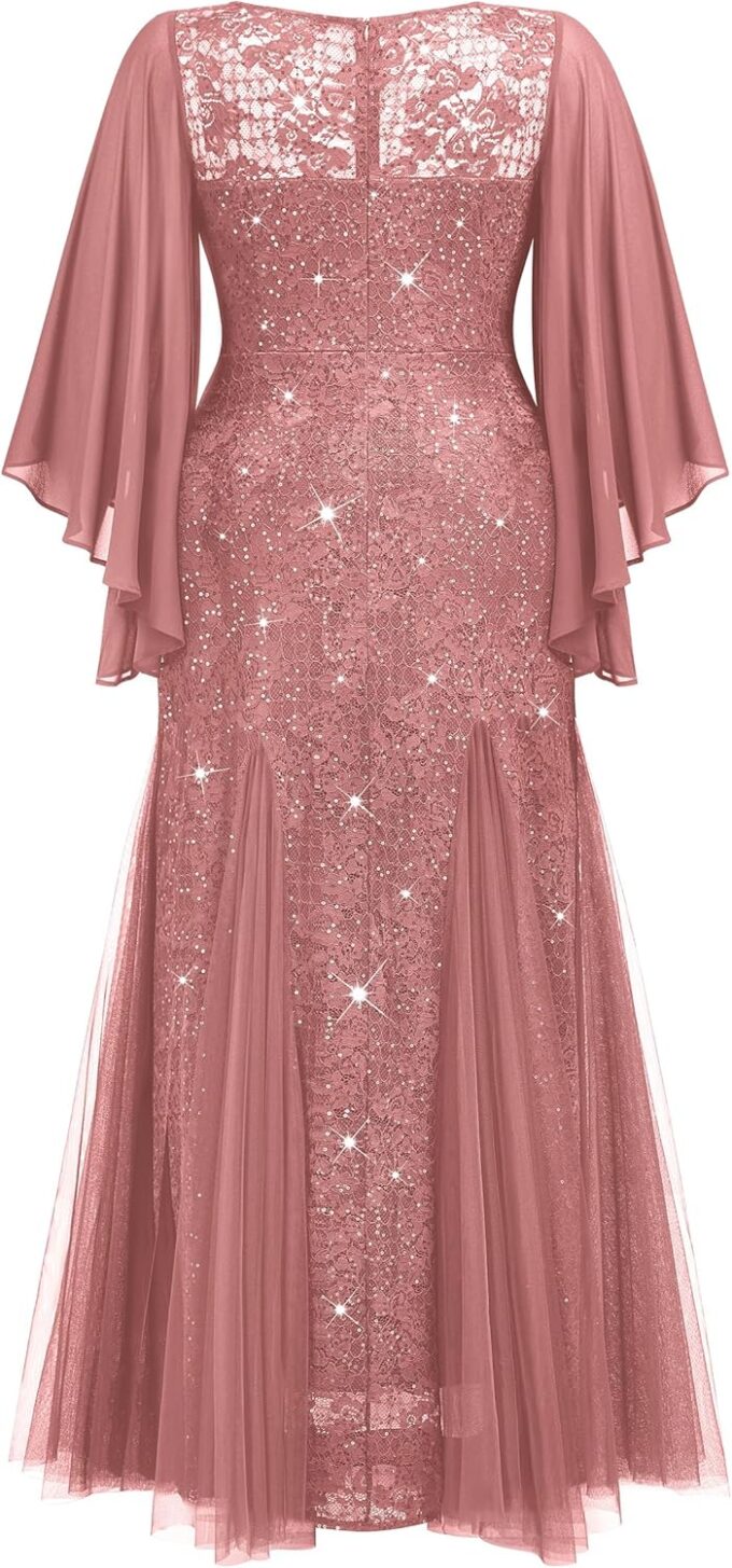MISSMAY Women's Plus Size Sequins Lace with Ruffle Cape Cloak Sleeves Tulle Mermaid Hemline Evening Prom Long Dress – Bild 6