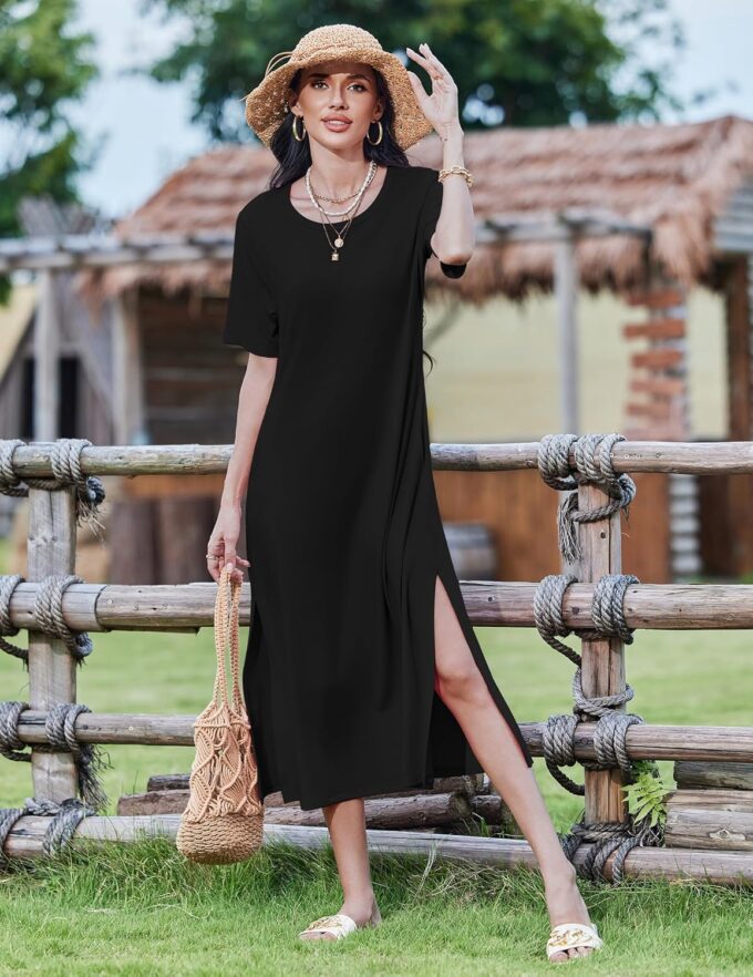 Zeagoo Women Floral Summer Dress Casual Beach Dress Printed T Shirt Dress Split Long Dress Travel 2025 Vacation Dress – Bild 3