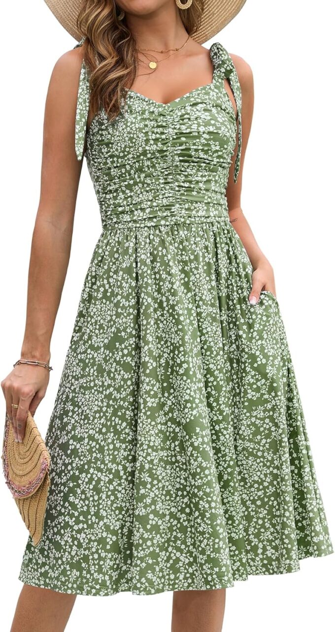 Kranda Women 2025 Summer Casual Spaghetti Strap Sundress V Neck Sleeveless Flowy Boho Floral Midi Dress with Pockets