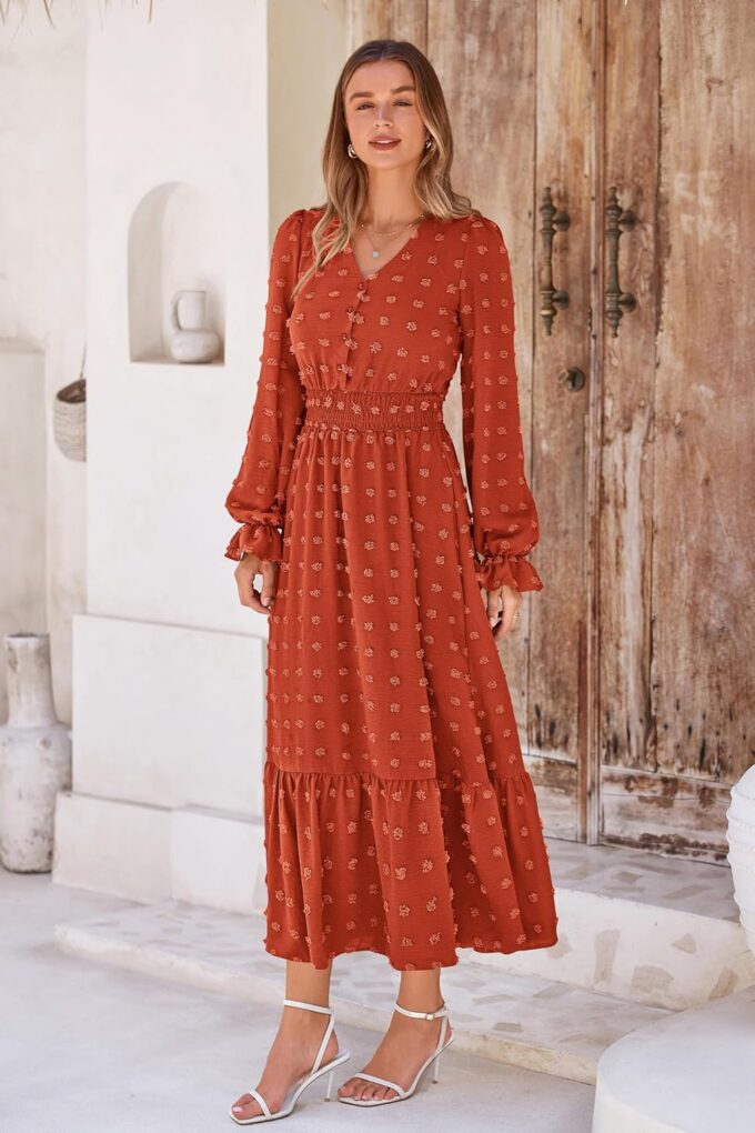 MASCOMODA Women Maxi Dress 2025 Fall Long Sleeve V Neck Swiss Dot Boho Smocked High Waisted A-Line Tiered Flowy Long Dresses – Bild 5