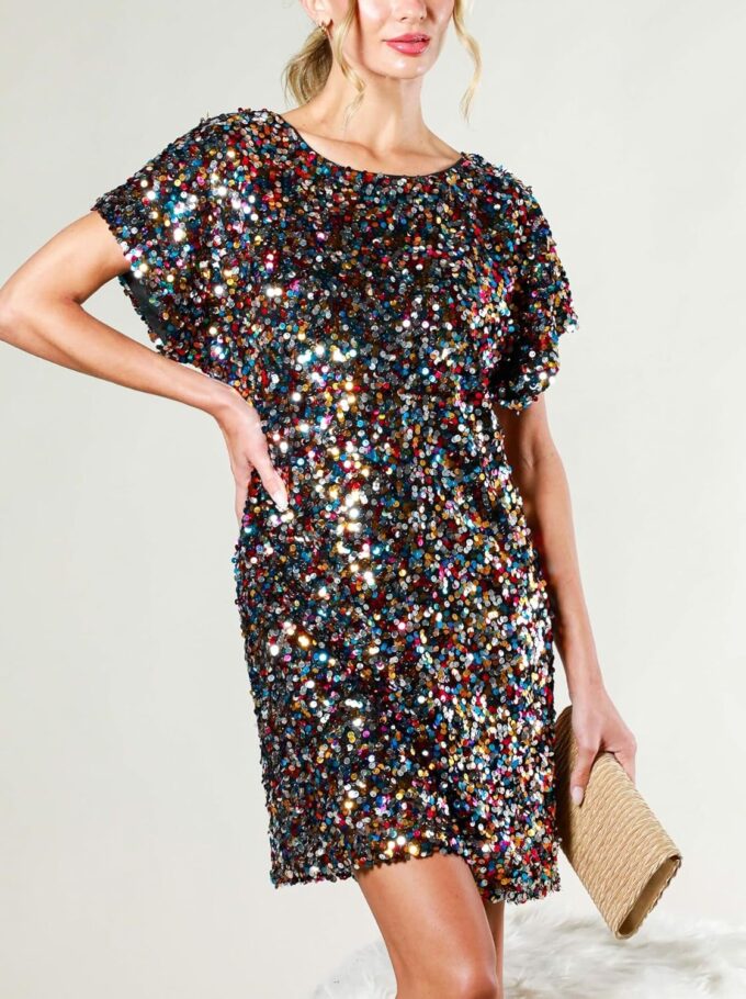 Women's Crewneck Sequin Shift Dress Short Sleeve Casual Holiday Sparkly Party Dress – Bild 5