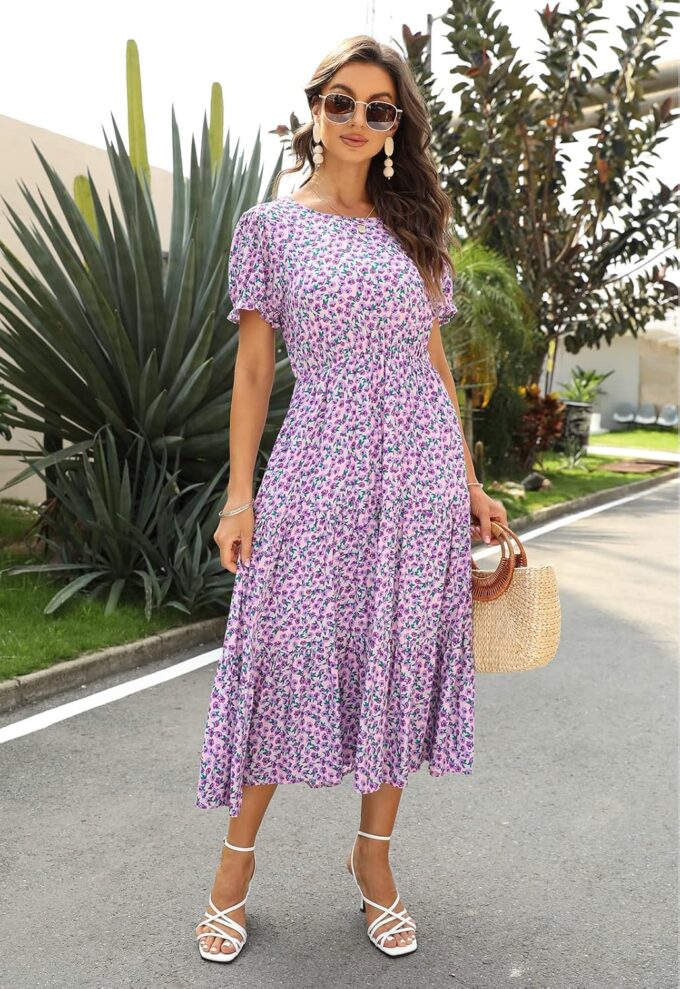 NAVINS Women Floral Print Puff Sleeve Tiered A-Line Swing Midi Dress with Pockets NA1002 – Bild 6