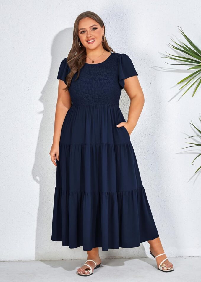 KIMCURVY Women's Plus Size Summer Casual Dress Crew Neck Flutter Short Sleeve Smocked Tiered Maxi Dress with Pockets – Bild 2