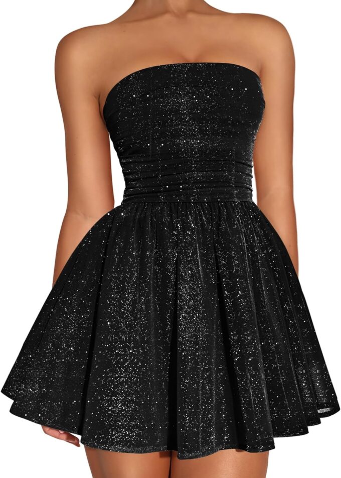 DAAWENXI Women's Sexy Strapless Mini Dress Sequin Ruched Bow Graduation Party Prom Short Dresses