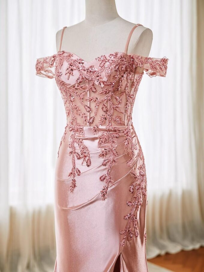 Mermaid Satin Prom Dresses 2025 Lace Applique Off Shoulder Formal Evening Gown with Slit – Bild 3