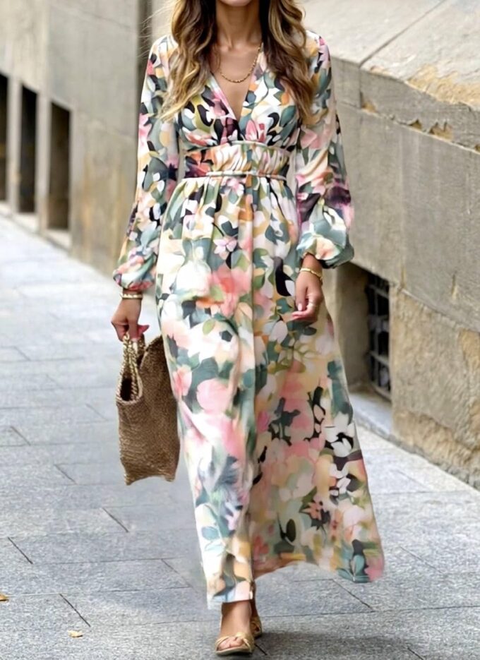LOZ Women's Summer Dress Puff Sleeve V-Neck Multicolor Floral Maxi Dresses 2025 Long Sleeves Elegant Wedding Guest Dress – Bild 3