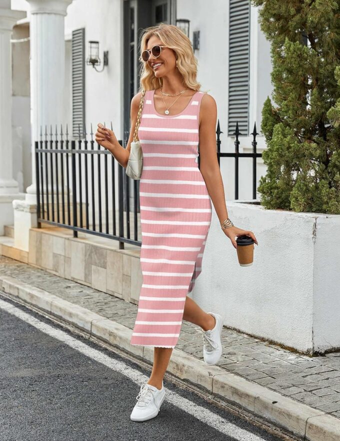 Zeagoo Women's Spring Summer Casual Dress Bodycon Midi Sleeveless Striped Knit Maternity Tank Sweater Dresses with Side Slit – Bild 2