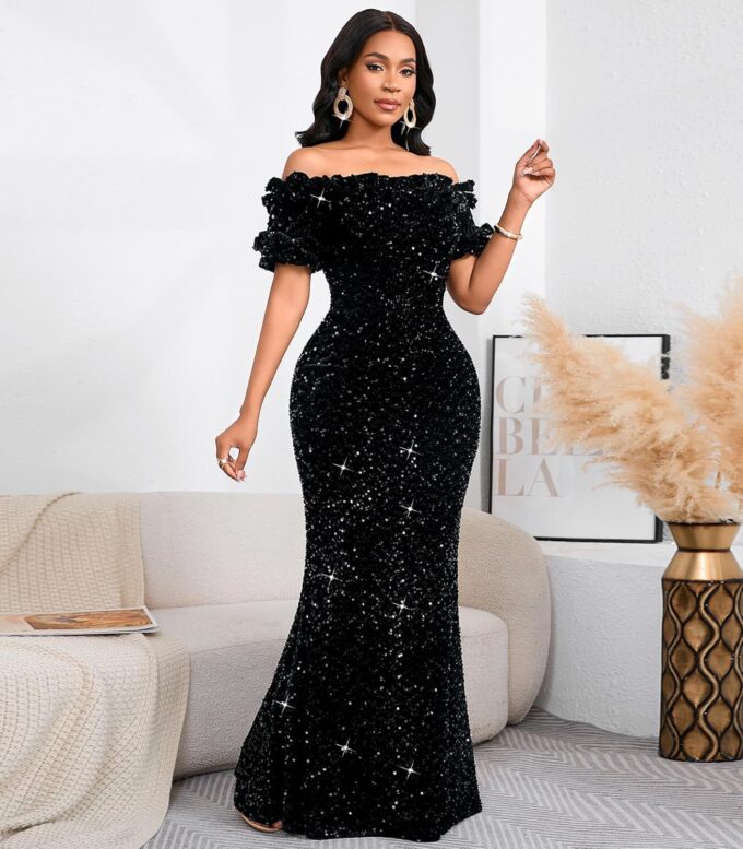 Women Sexy Sequin Off Shoulder Ruffle Short Sleeve Bodycon Mermaid Party Formal Evening Maxi Dress – Bild 3
