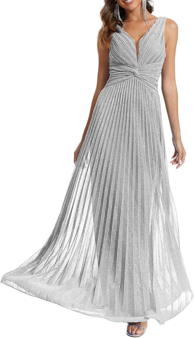 Women's V Neck High Waist Pleated Evening Dress Sleeveless A-Line Gown with Waist Tie – Bild 2