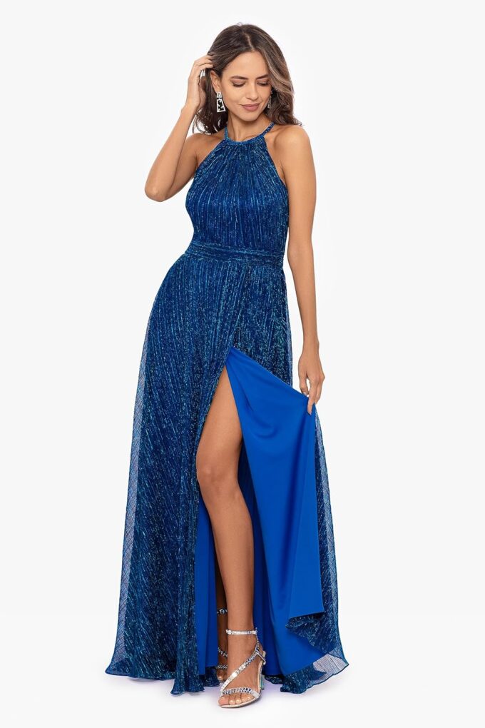 Betsy & Adam Women's Long Metallic Sleeveless Halter Neck Wrap Overlay Gown – Bild 3