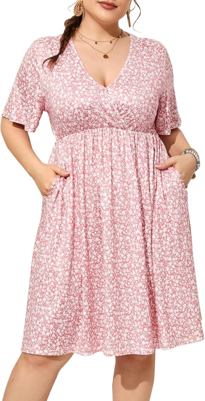 ShopWonder Plus Size Dress Women's V Neck A-Line Knee Length Wrap Swing Dresses Plus Size A Line Party Mini Dress – Bild 6