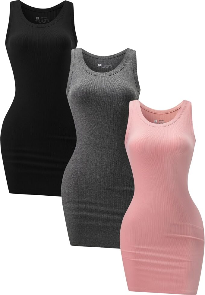 3 Piece Womens Summer Ribbed Tank Dress Scoop Neck Sleeveless Tank Top Dresses Basic Bodycon Mini Dress