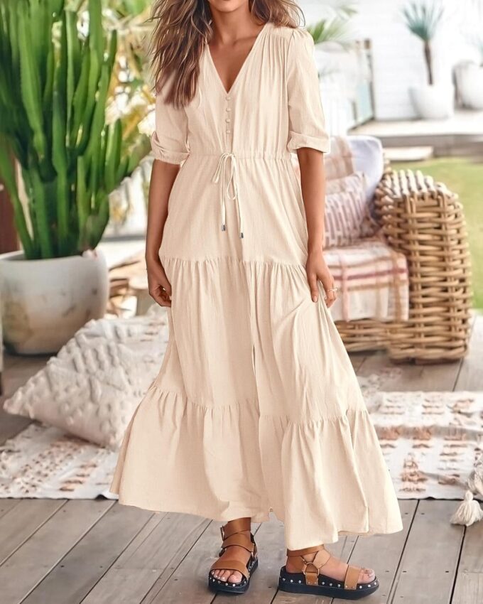 BTFBM Women Summer Dresses Short Sleeves V Neck Button Drawstring Maxi Dresses Solid Color Boho Long Dresses – Bild 7