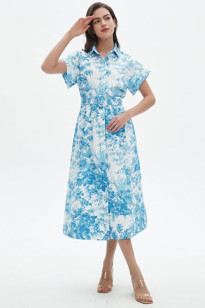 D-Sun Women Button Down Shirt Dress V-Neck Floral Printed Short Sleeves Mid Shirt Dress Belt A-Line Party with Pockets – Bild 5