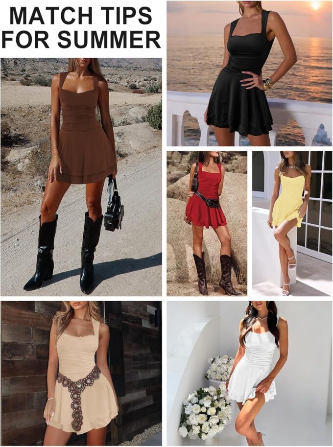Women's Square Neck Ruffle Mini Dresses Ruched Waist Slim Sleeveless Corset Dress for Women Summer Short Party Dress – Bild 5
