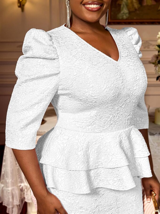 AOMEI Damen-Midikleid mit V-Ausschnitt, Schößchen, Jacquard-Midikleid, Arbeitskleidung für die Arbeit, 3/4-Puffärmel, Etuikleider für Damen, 2025, Büro – Bild 5
