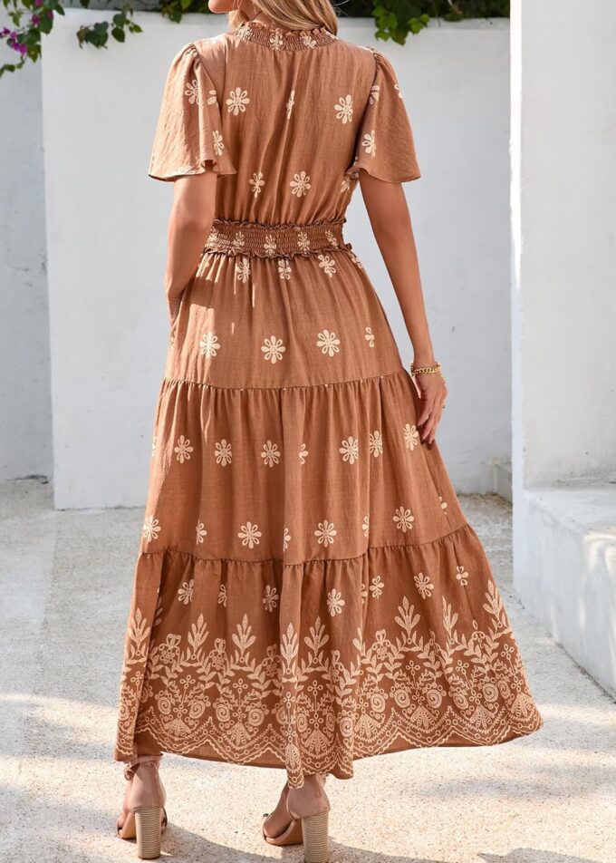 KIRUNDO Maxi Dresses for Women 2025 Floral Short Sleeve Spring Summer Smocked Waist Round Neck Flowy Beach Vacation Dress – Bild 2