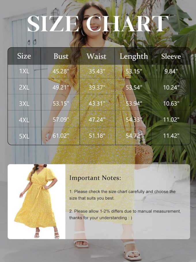 Womens Plus Size Summer Dresses Short Sleeve Wrap V Neck Floral Formal Maxi Wedding Guest Long Dress with Belt XL-5XL – Bild 6