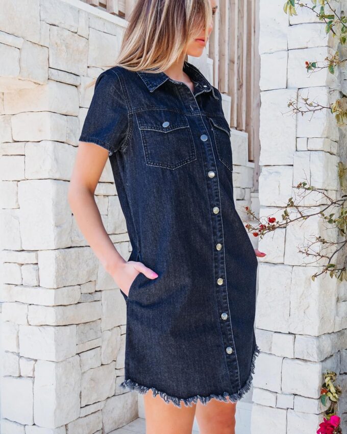 luvamia Denim Dresses for Women Distressed Summer Short Sleeve Button Down Collared Raw Hem Jean Shirt Dress with Pocket – Bild 6
