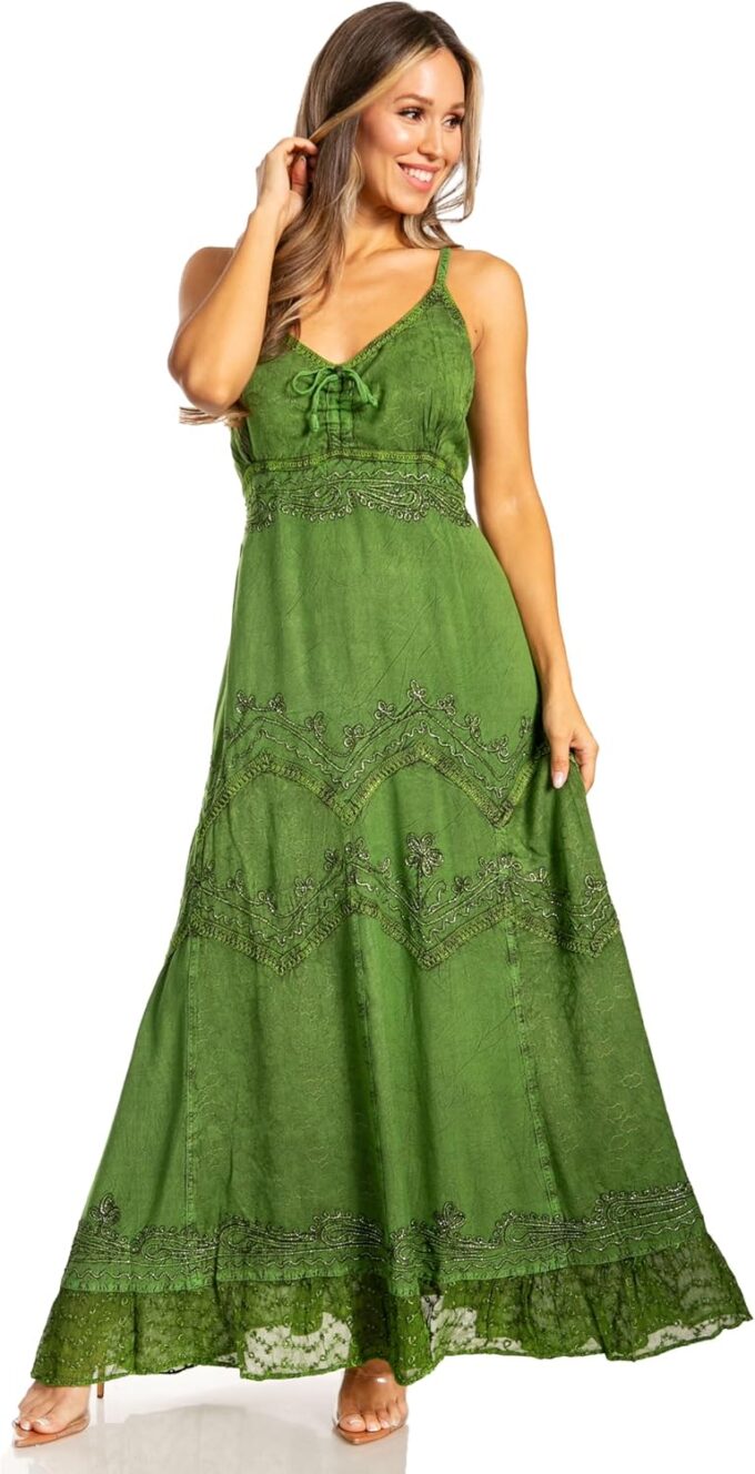 Sakkas Stonewashed Rayon Embroidered Adjustable Spaghetti Straps Long Dress – Bild 5