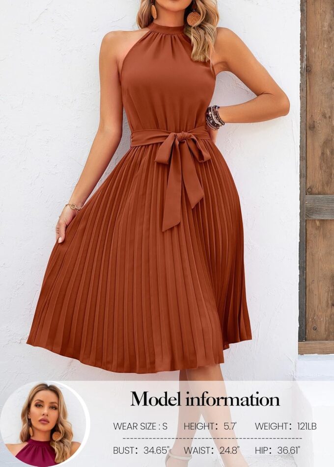 KIRUNDO Women's 2025 Summer Sleeveless Halter Neck Pleated Midi Cocktail Dresses A Line Flowy Beach Sun Dress with Belt – Bild 2