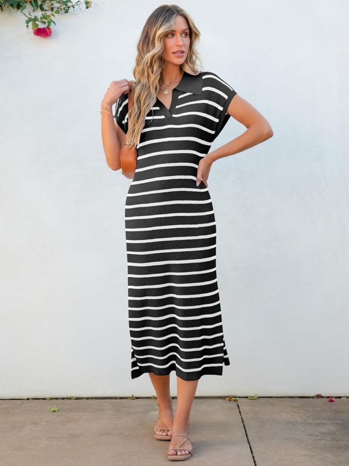 ANRABESS Women's Summer Striped Midi Dress 2025 Casual Short Sleeve V Neck Loose Knitted Side Slit Long Beach Dresses – Bild 9