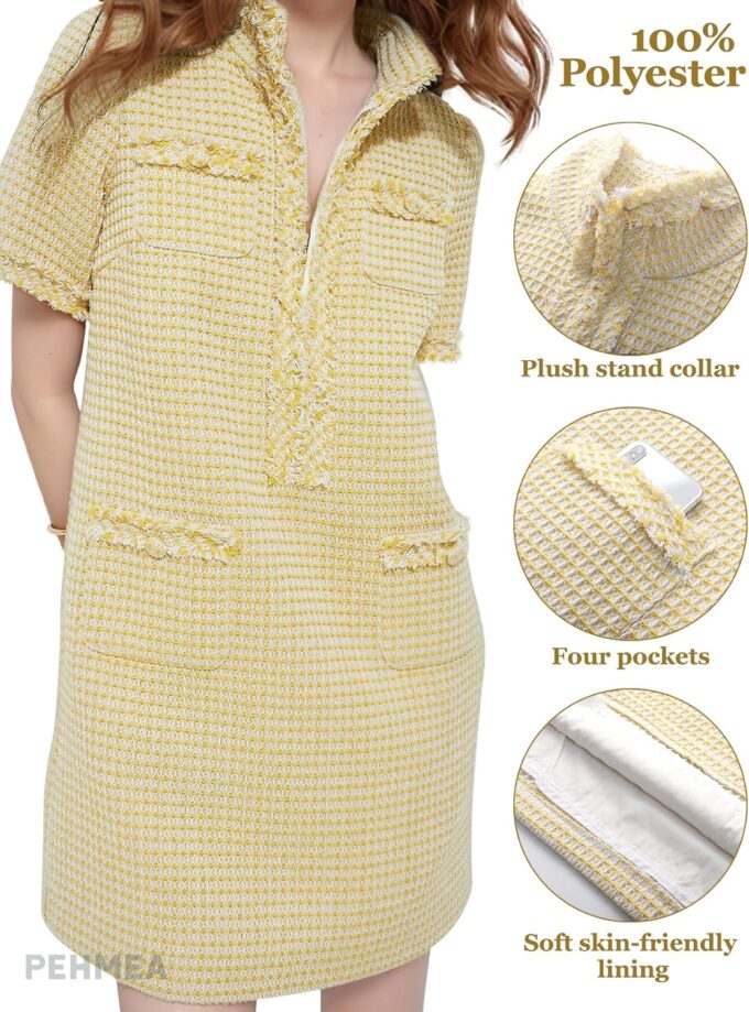 PEHMEA Women's Tweed Dress, Short Sleeve Straight Tube Mini Dress with Pockets for Business Party Work – Bild 4
