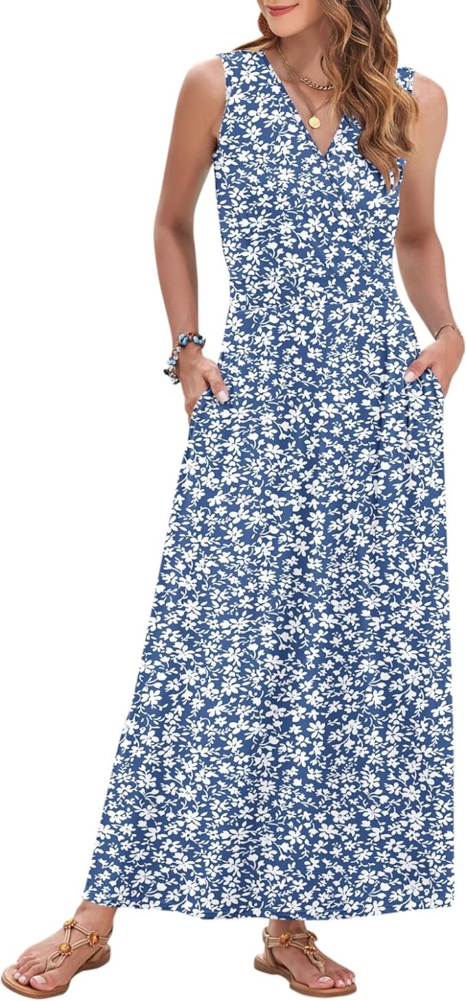 AUSELILY Women's Maxi Dress 2025 Summer Casual Sleeveless Sundress V Neck Wrap Vacation Cocktail Long Dresses with Pockets