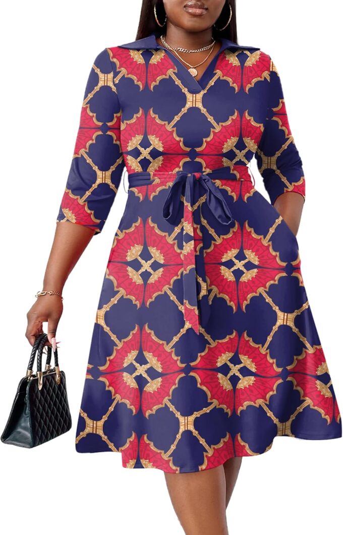 FANDEE Plus Size Midi Dress for Women - Printing Summer Dresses for Wedding Guest Cocktail Party 3/4 Sleeve V Neck（XL-5XL）