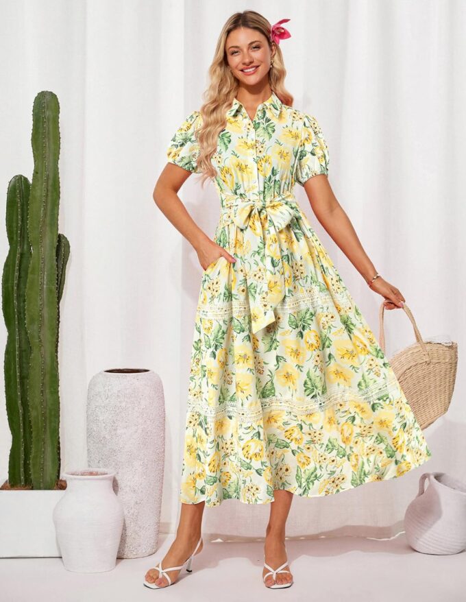 GRACE KARIN Women's 2025 Summer Floral Flowy Dresses Boho Tie Belt Short Puff Sleeve A Line Maxi Shirt Dress with Pocket – Bild 4