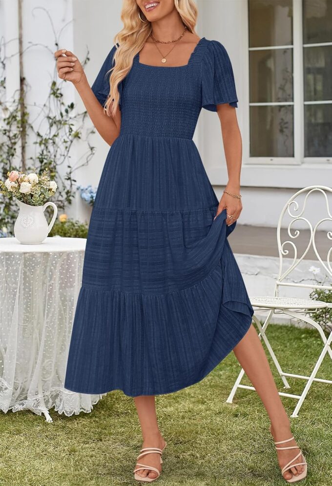 MEROKEETY Women's 2025 Summer Flowy Midi Maxi Dress Short Sleeve Square Neck Smocked Tiered Ruffle Boho Dresses with Pockets – Bild 2