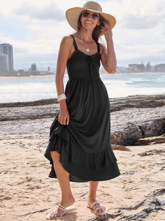 Caracilia Women's Smocked Maxi Dress Summer Casual Boho Sleeveless Strap Ruffle Backless Swing Flowy Beach Long Sundress – Bild 5