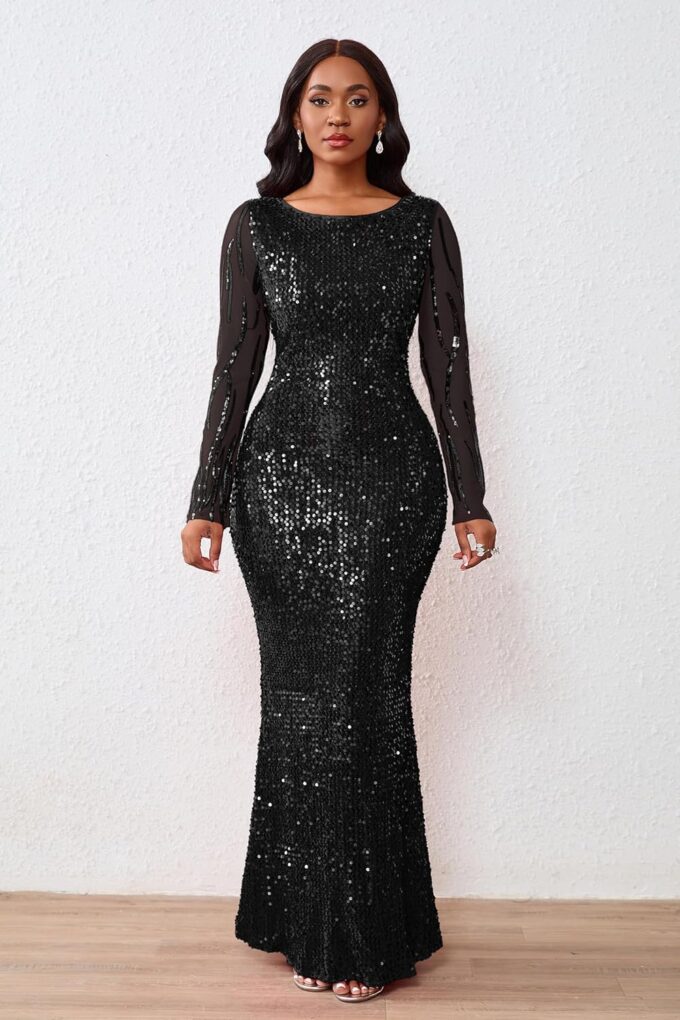 VERWIN Women's Sequins Bodycon Round Neck Long Sleeve Sparkly Mermaid Maxi Dress for Casual Party Cocktail – Bild 2