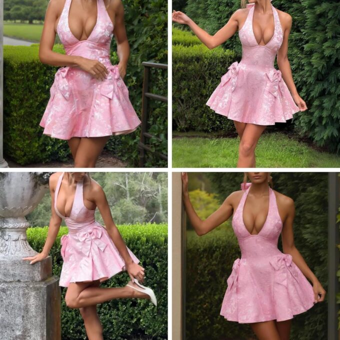 RARITYUS Jacquard Satin Homecoming Dress with Bow for Teens Women Sexy Low Cut Mini Dress A Line Graduation Dresses – Bild 5