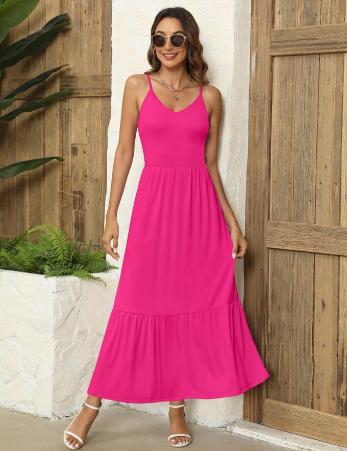 Kranda Women Summer Sleeveless Casual Long Maxi Vacation Beach Dresses V Neck Smocked Flowy Tiered Sundress with Pockets – Bild 4