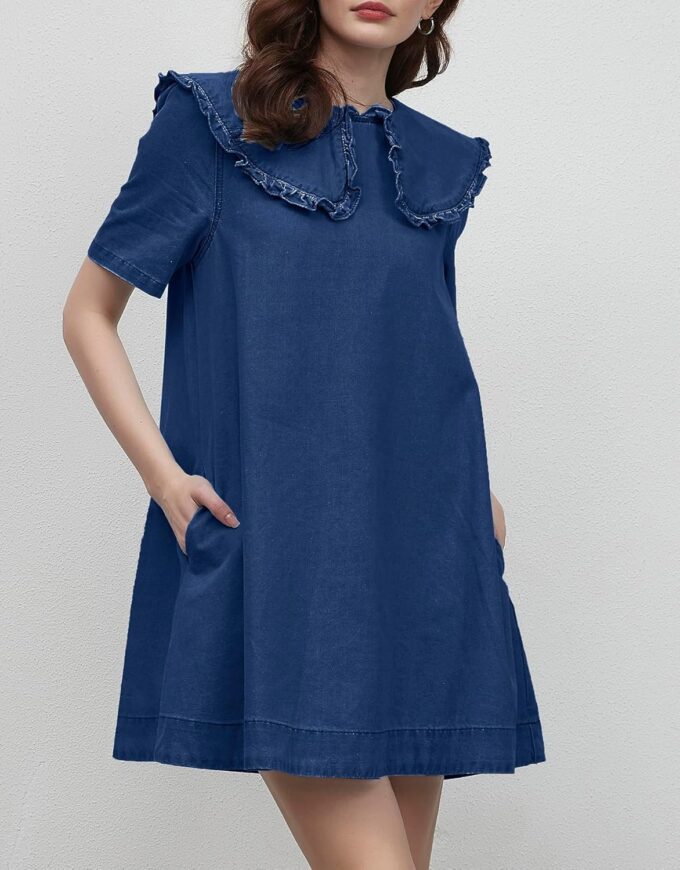 Kedera Womens Denim Mini Dress 2025 Peter Pan Collar Short Sleeve Casual Summer Babydoll Jean Dress with Pockets – Bild 2