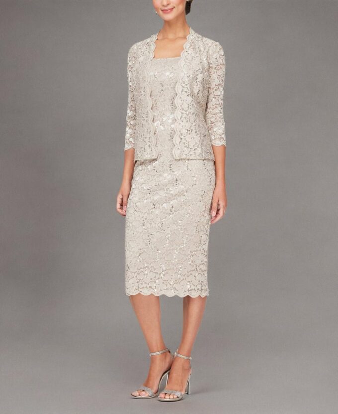 S.L. Fashions Women's Tea Length Sequin Lace Special Occasion Dress with Illusion Sleeve Jacket (Petite and Regular Sizes) – Bild 6
