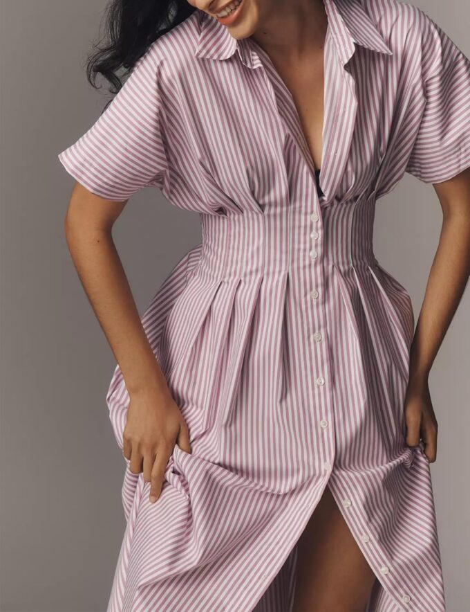 Women Striped Button Front Pleated Maxi Shirt Dress Short Sleeve Collar V Neck Summer Casual Corset Long Dress Purple – Bild 5