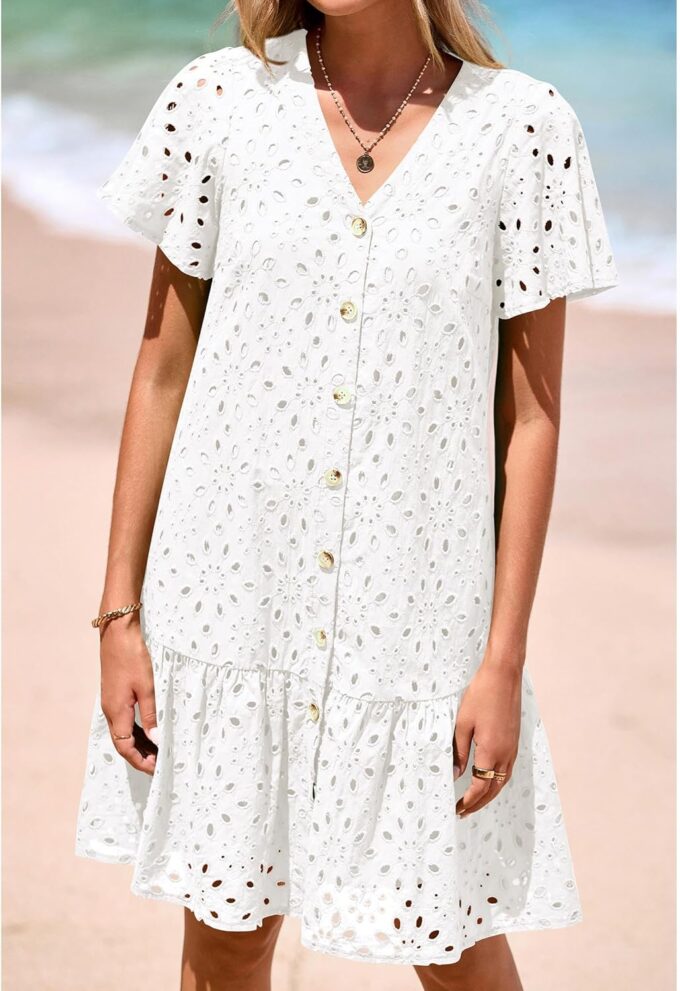 KIRUNDO Summer Dresses for Women 2025 Eyelet Button Down V Neck Short Sleeve Hollow Out A Line Loose Mini Babydoll Dress – Bild 4