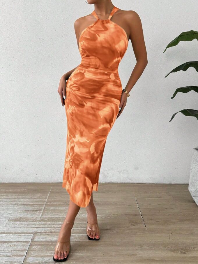 Women's Summer Printed Midi Halter Dress Tie Dye Bodycon Ruched Side Slit Mesh Layered – Bild 6