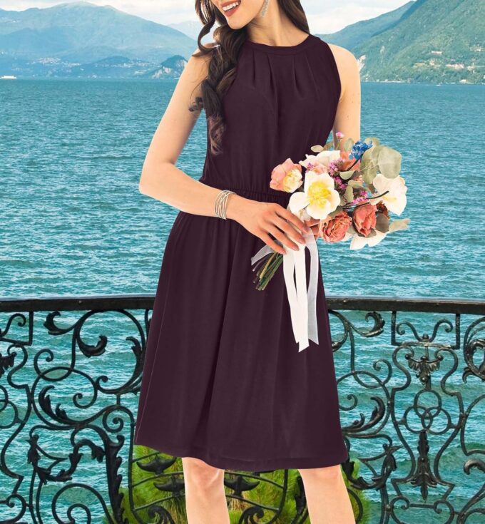 KOH KOH Damen-Kleid, ärmellos, Neckholder, fließend, knielang, sexy Midi-Kleid – Bild 3