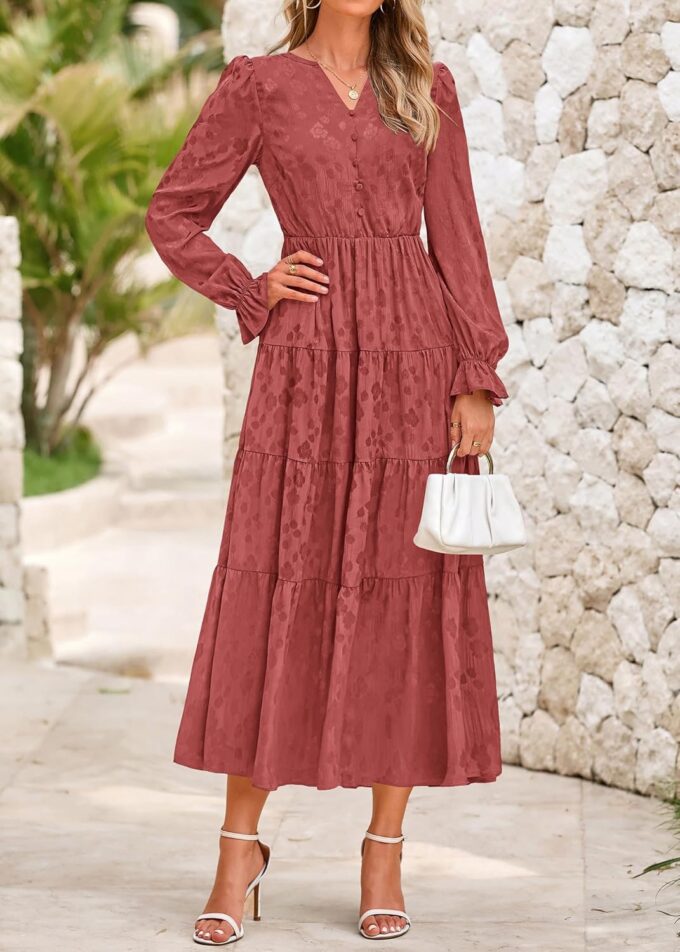 KIRUNDO Dresses for Women 2025 Elegant Classy Fall Wedding Guest Maxi Long Sleeve Empire Waist Ruffle Tiered Flowy Long Dress – Bild 4