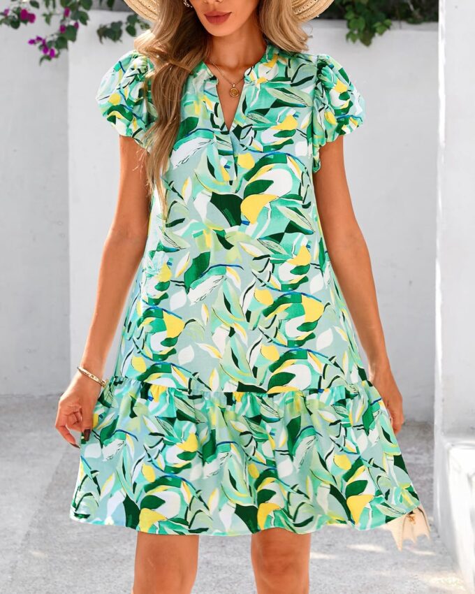 dowerme Womens Summer Dresses 2025 Puffy Sleeve V Neck Loose Floral Print A Line Boho Mini Babydoll Dress with Pockets – Bild 4