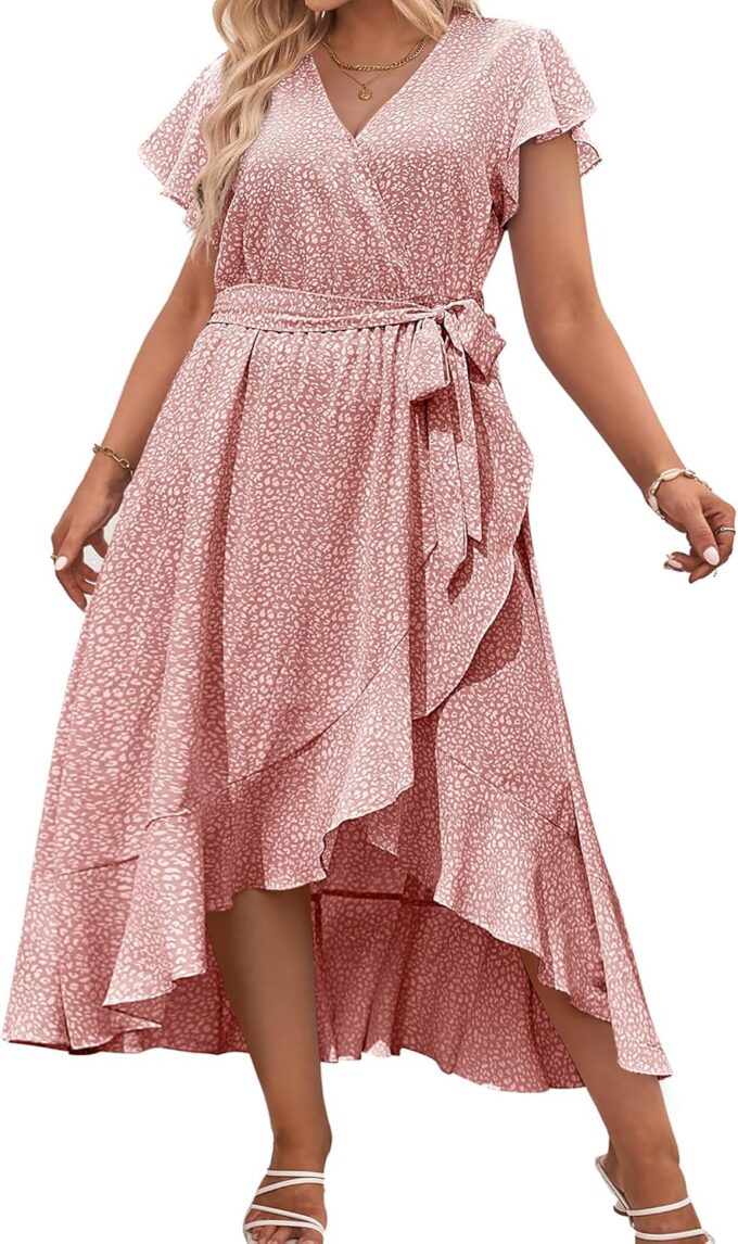 IN'VOLAND Plus Size Womens Floral Summer Dress Casual Wrap V Neck Short Sleeve Belted Beach Bohemian Maxi Dress